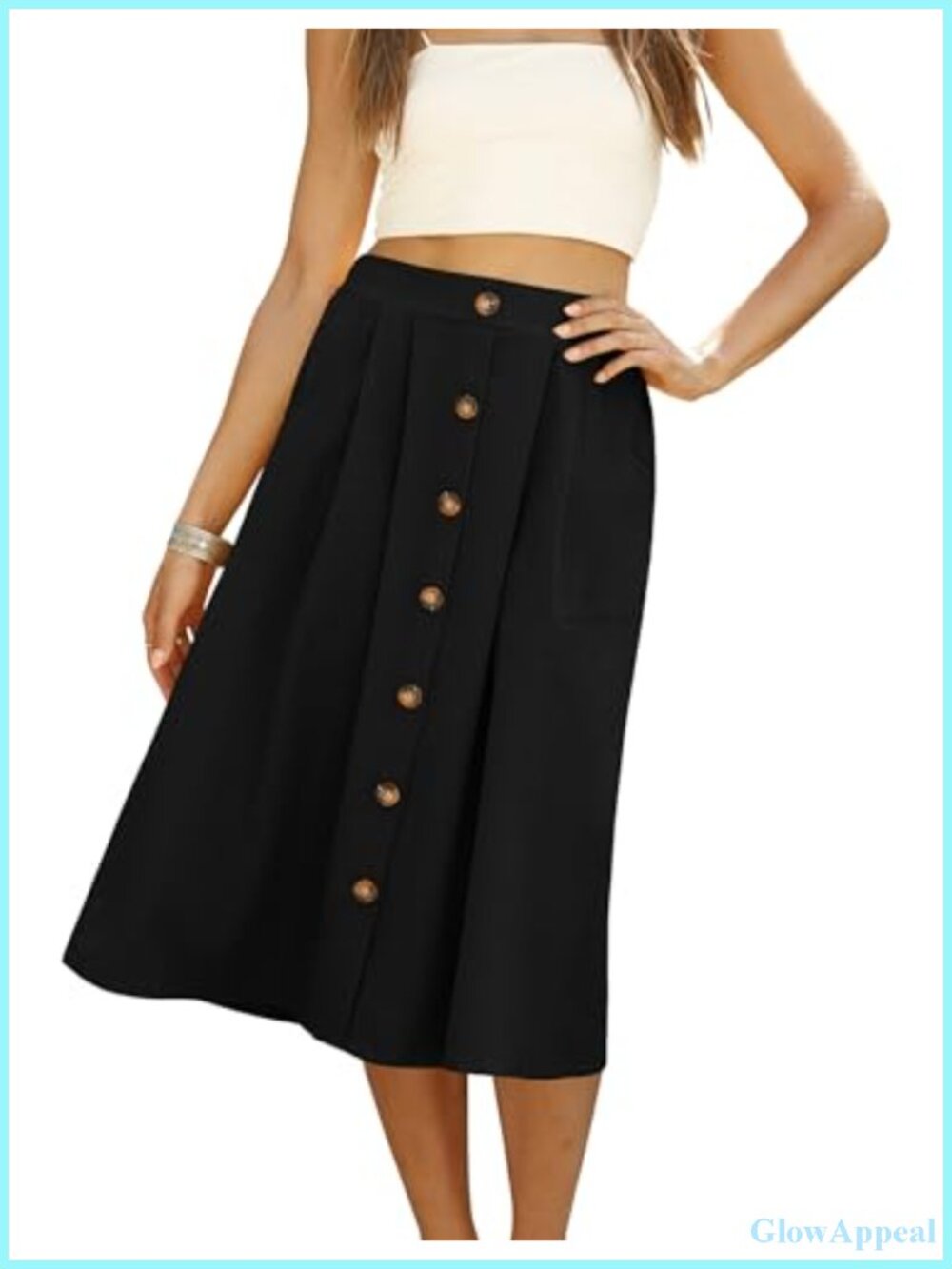 Women's Summer Midi Skirt Button Front A-Line Elastic Waist Pockets